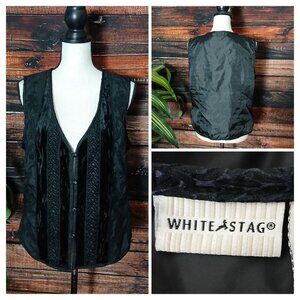 White Stag Vest M 8 10 Black Velvet Embroidered Button Front Boho Lace Trim